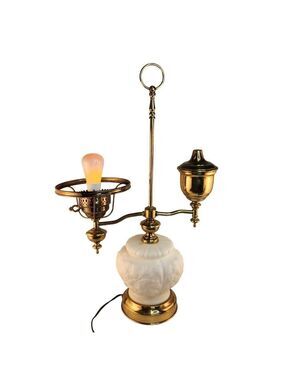 Vintage Victorian Student Lamp Brass Milk Glass Dual Light Desk Lamp Oil Electri